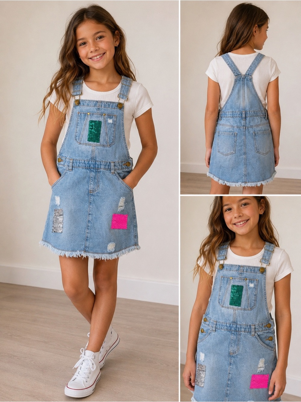 Girls Size 12 Denim Overall Jumper Dress Distressed Sequin Frayed Hem Adjustable